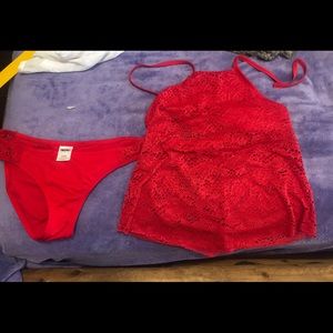 NWOT Red lace halter tankini and bottoms
